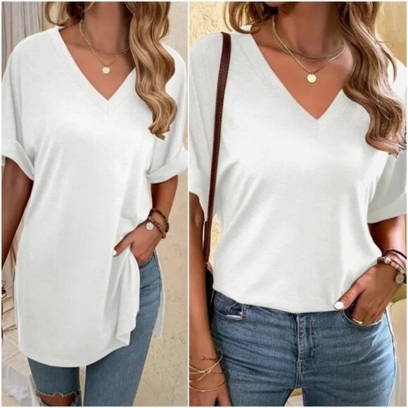 white Cozy Casual V-neck Side Slit Oversized Top - Picture 2 of 6